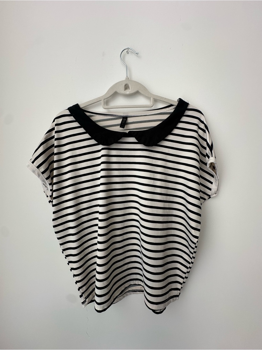 Striped Black & White Short Sleeve Top with Contrast Collar